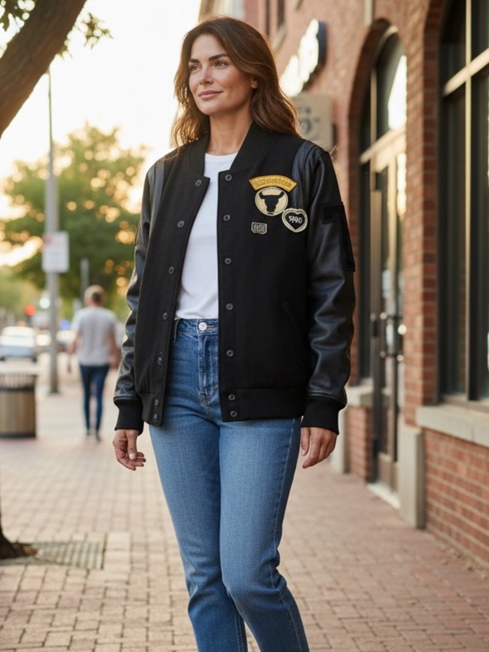 TRUE RELIGION Wool Black Varsity Jacket with Gold Patch Accents